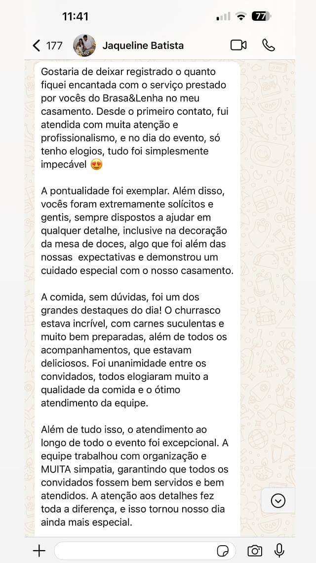 Mensagem de agradecimento recebida de cliente após o evento