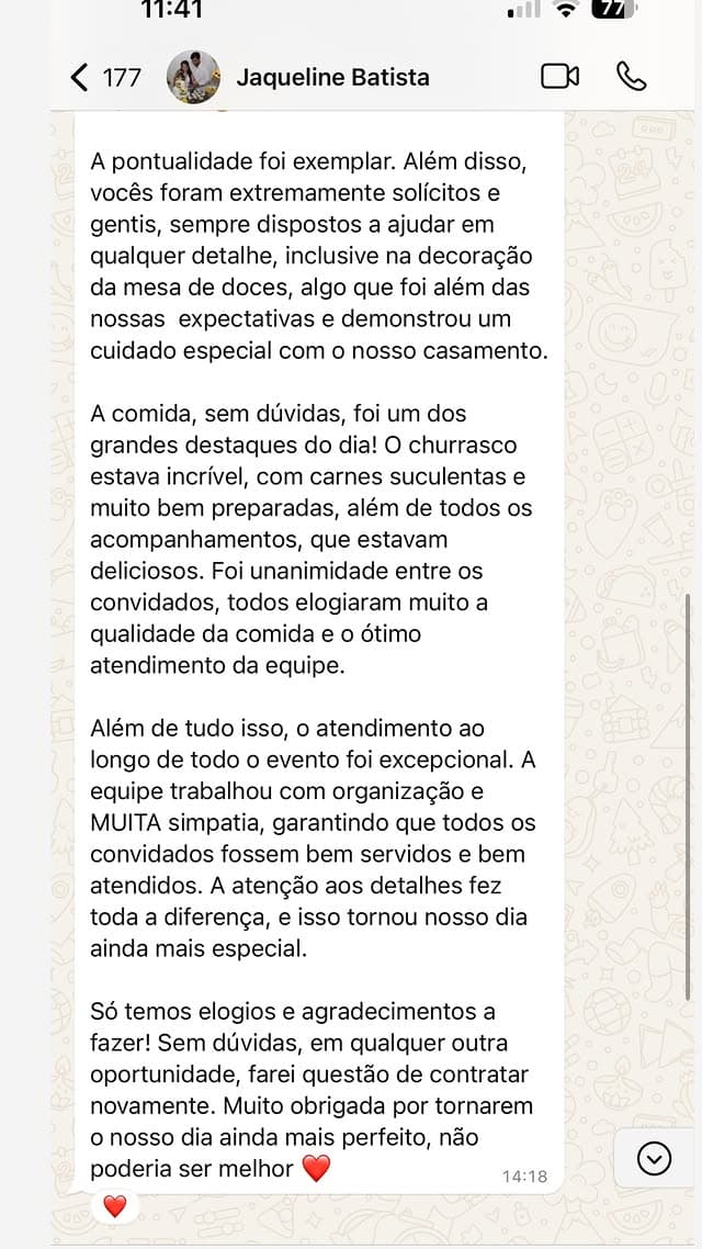 Mensagem de agradecimento recebida de cliente após o evento