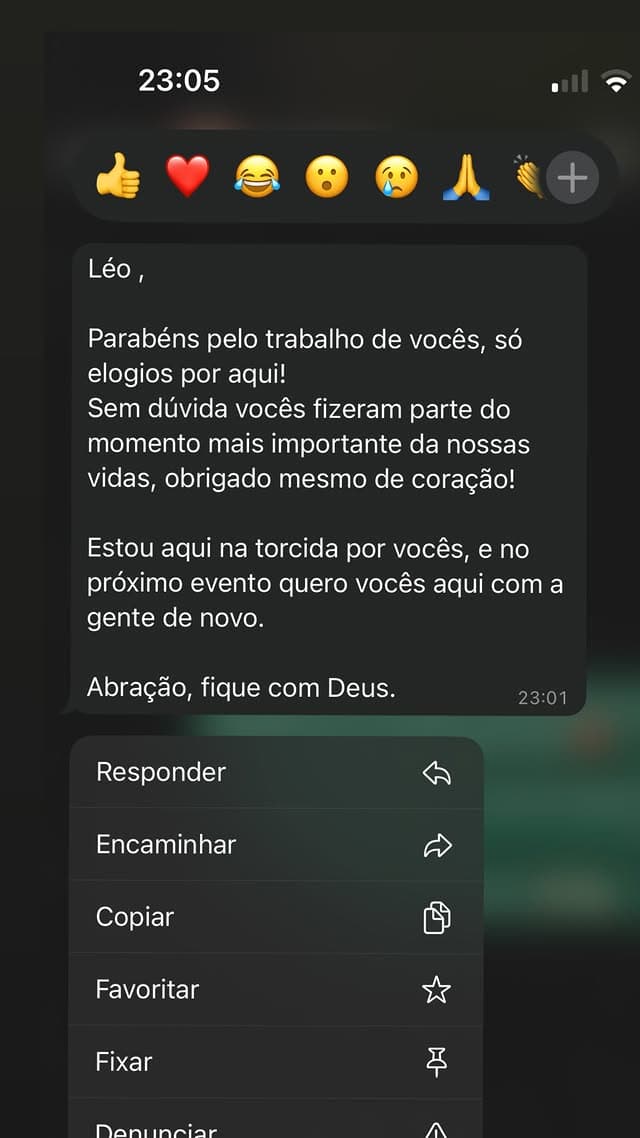 Mensagem de agradecimento recebida de cliente após o evento