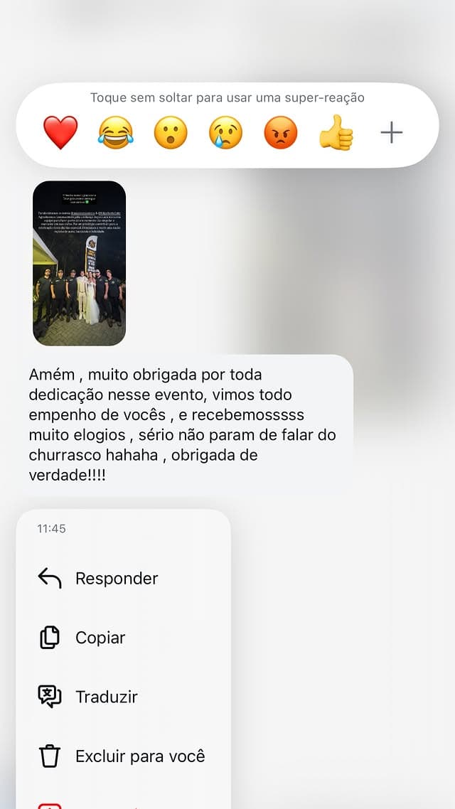 Mensagem de agradecimento recebida de cliente após o evento