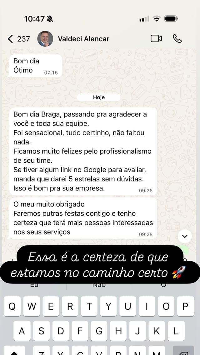 Mensagem de agradecimento recebida de cliente após o evento