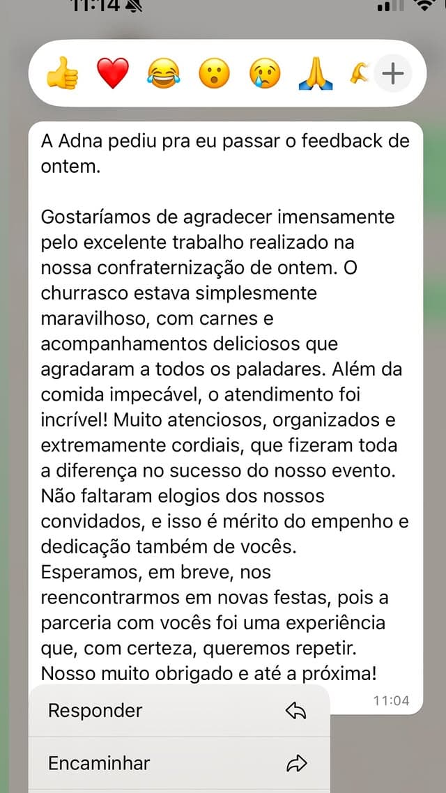 Mensagem de agradecimento recebida de cliente após o evento