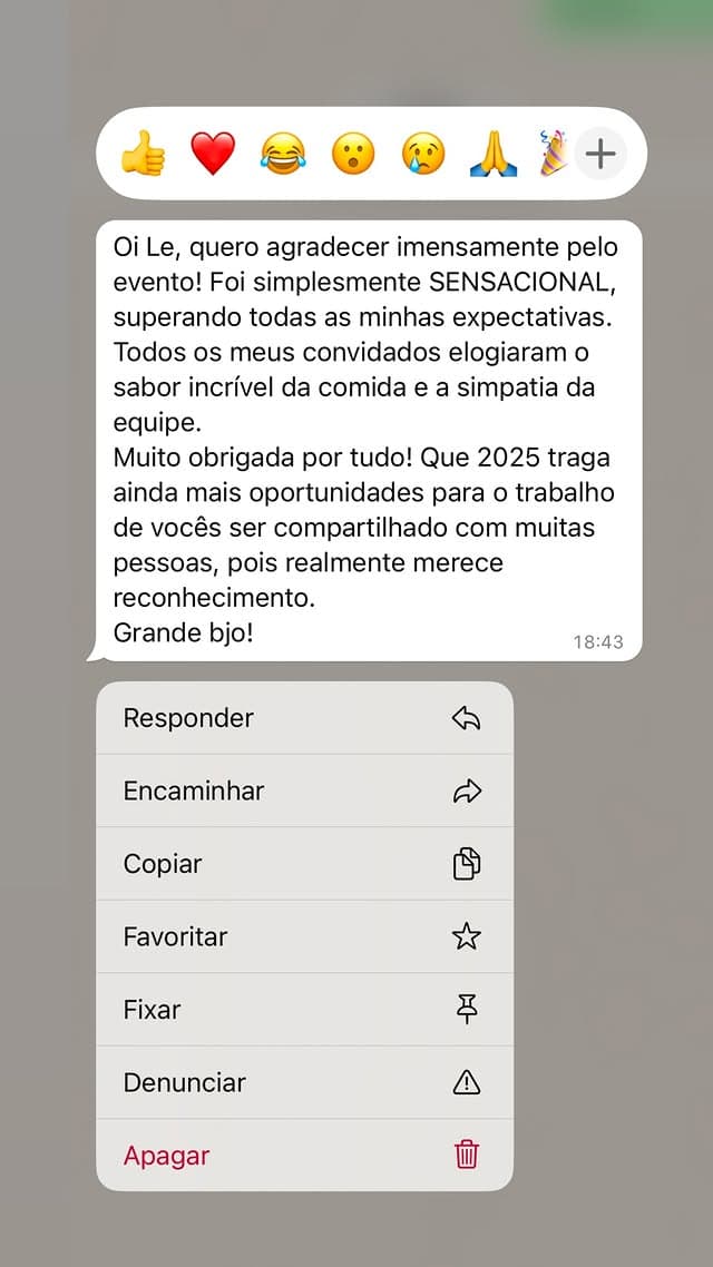 Mensagem de agradecimento recebida de cliente após o evento