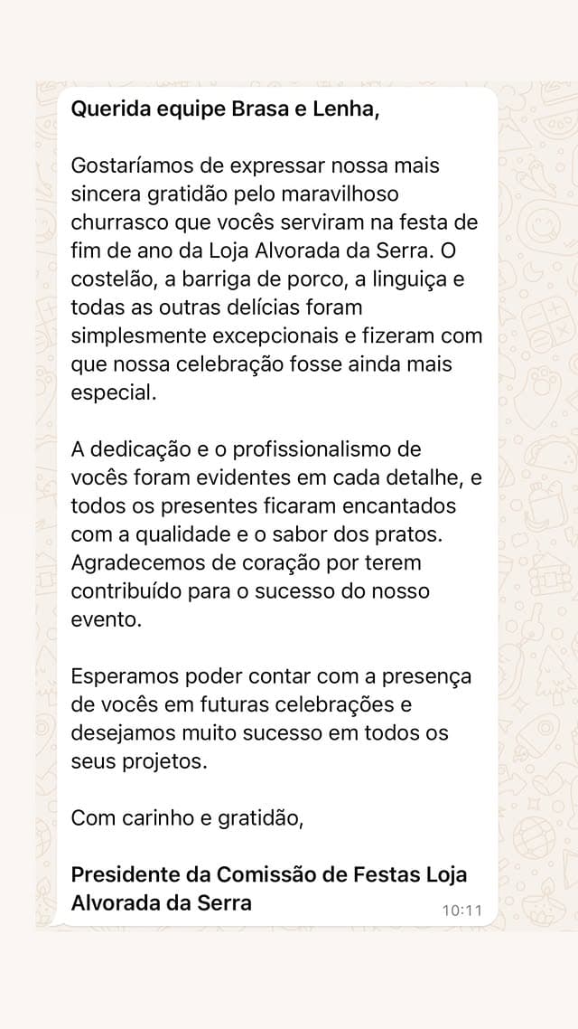 Mensagem de agradecimento recebida de cliente após o evento