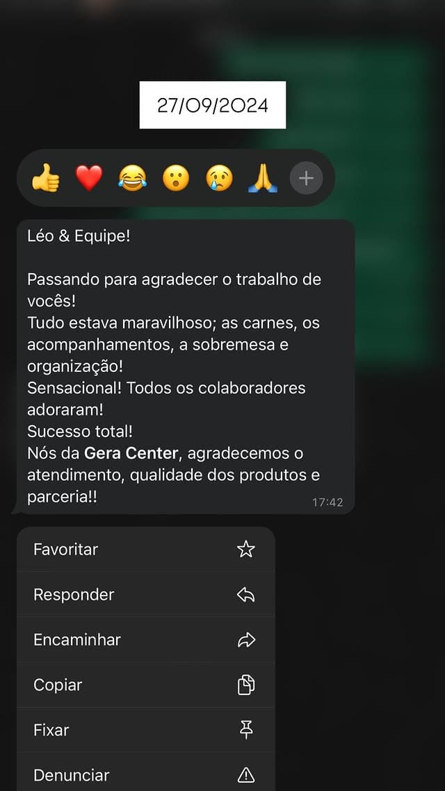Mensagem de agradecimento recebida de cliente após o evento