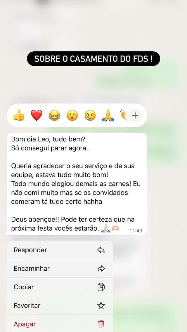 Mensagem de agradecimento recebida de cliente após o evento